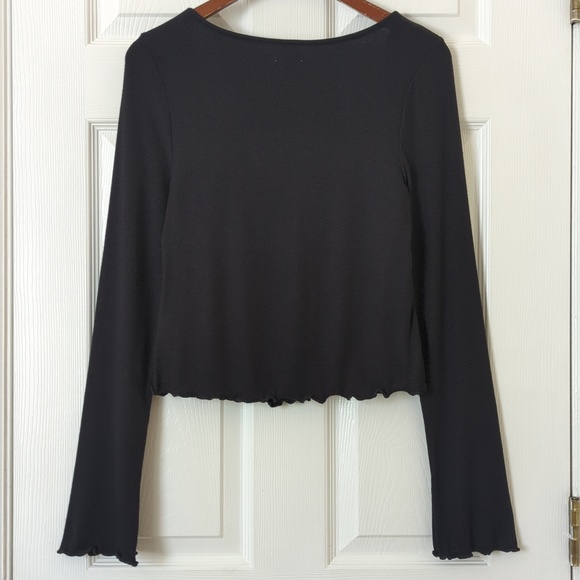 Kimchi Blue UO Quinn Ribbed Knit Ruched Scoop Neck Long Sleeve Crop Top Black L - Picture 10 of 12